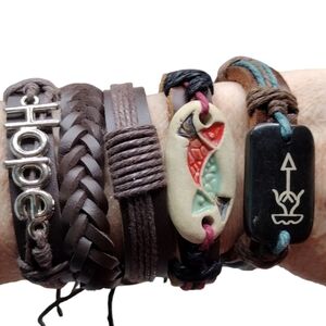 Five Brown Leather Bracelet Bands one size men's unisex bohemian tribal biker